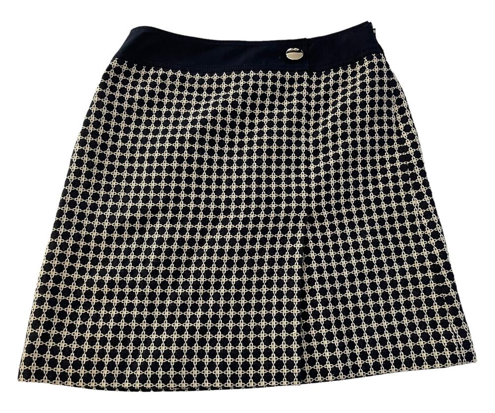 Ann Taylor Sz 2 Navy Blue Ivory Embroidered Mini Skirt Offset Pleat A-Line #OL14